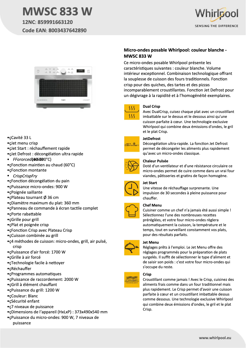 Page 1 de la notice Manuel utilisateur Whirlpool MWSC 833 W