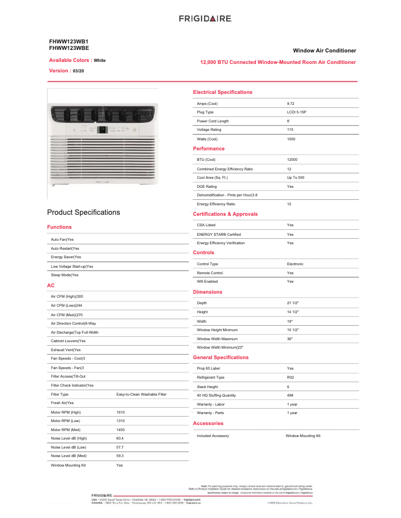 Page n°1 - Fiche technique Frigidaire FHWW123WB1
