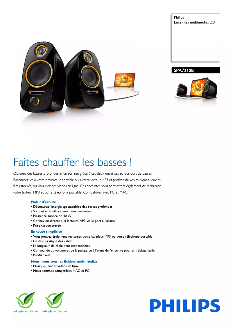 Page 1 de la notice Fiche technique Philips SPA7210B