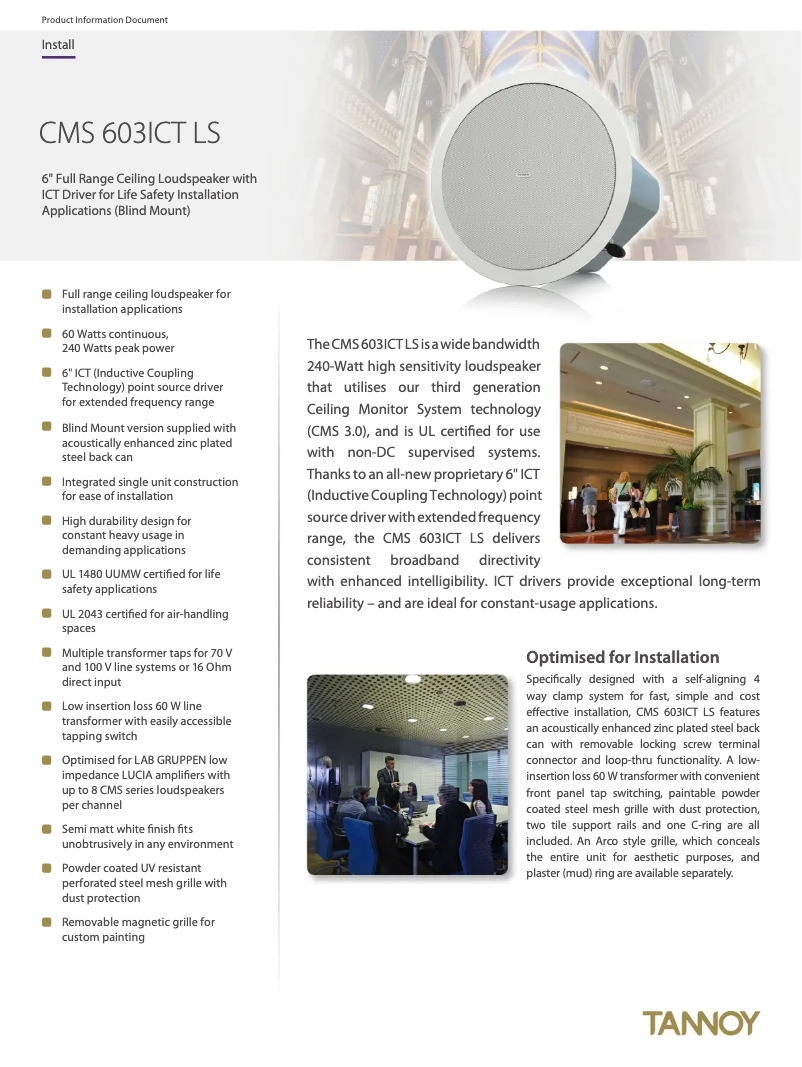 Page 1 de la notice Fiche technique Tannoy CMS 603ICT LS