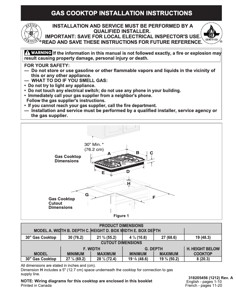 Page 1 de la notice Guide d'installation Frigidaire FPGC3087MS