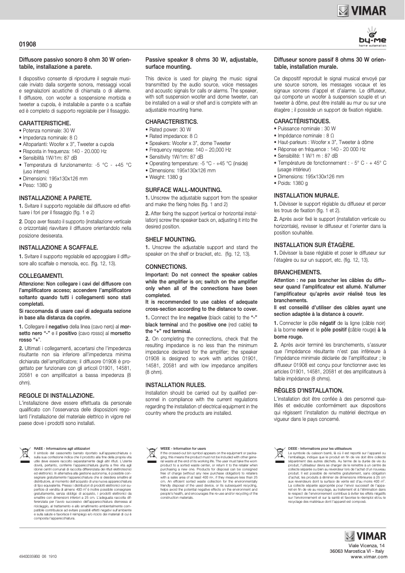 Page 1 de la notice Manuel utilisateur Vimar 01908