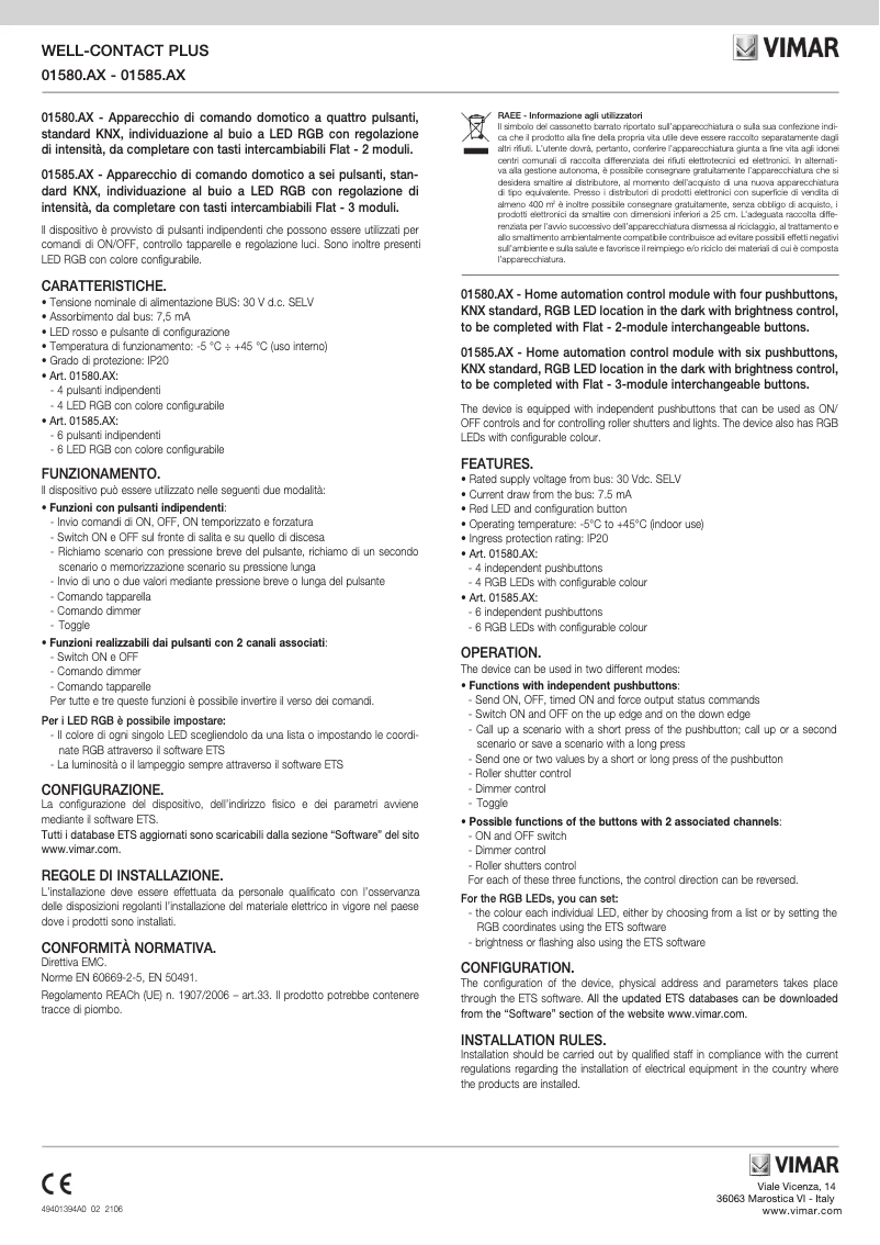 Page 1 of the manual Instructions / Assembly Vimar 01585.AX