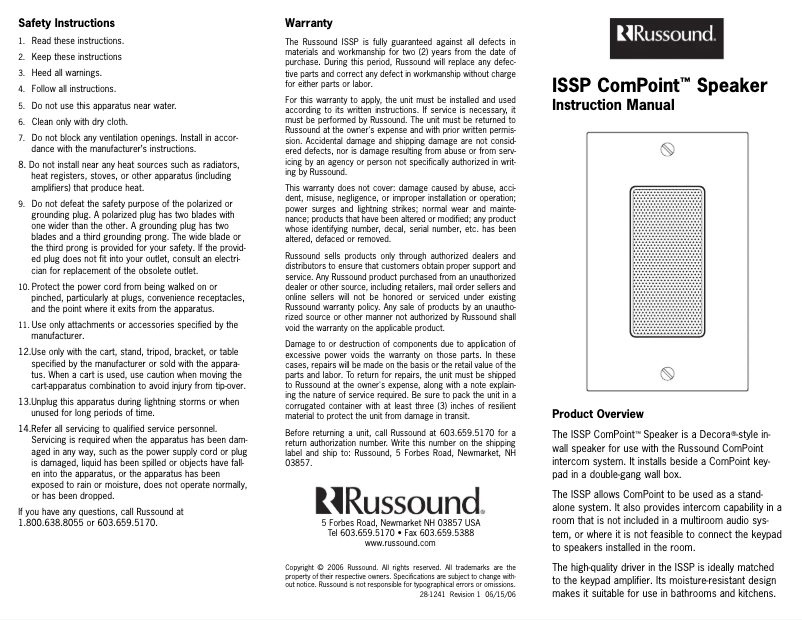 Page n°1 - Manuel utilisateur Russound ISSP ComPoint