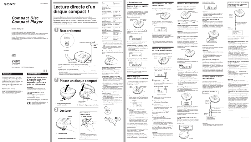 Page 1 de la notice Manuel utilisateur Sony D-E500