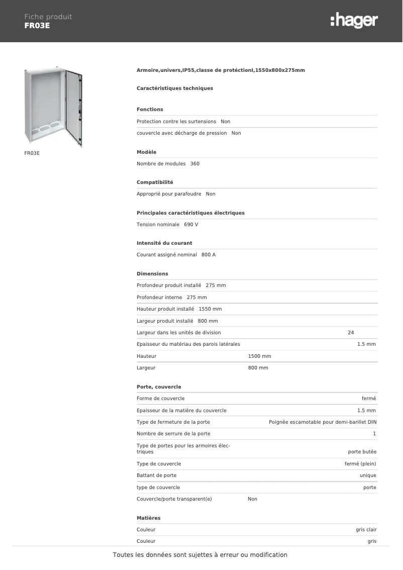 Page 1 de la notice Fiche technique Hager FR03E