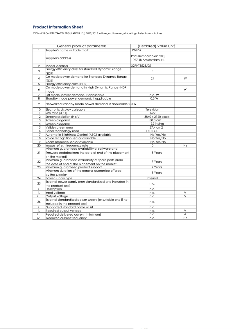 Page 1 of the manual Technical Sheet Philips 32PHT5525