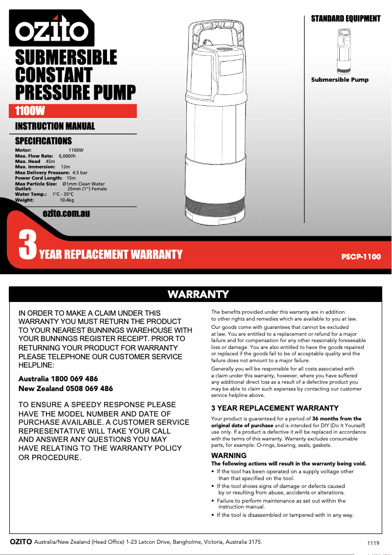 Página 1 del manual Manual de usuario Ozito PSCP-1100