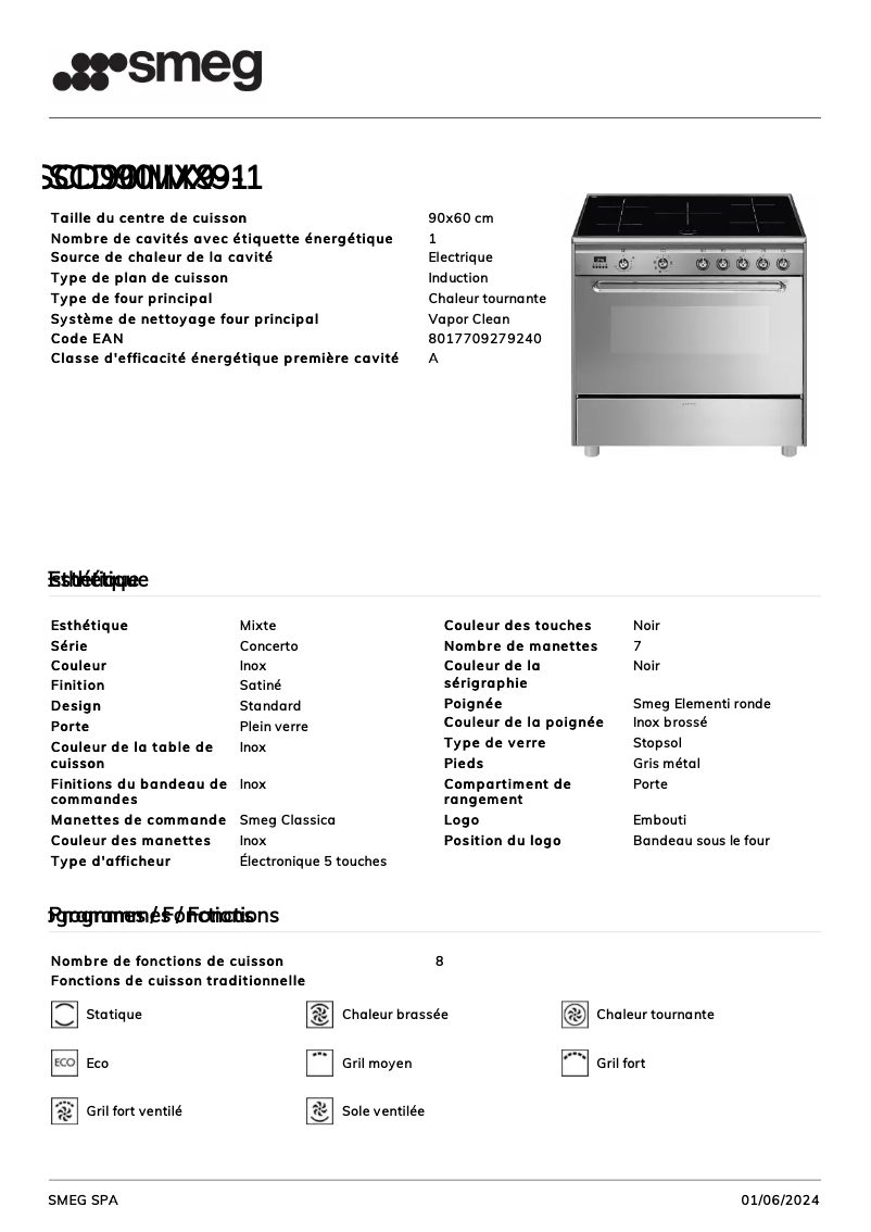 Page n°1 - Fiche technique Smeg SCD90IMX9-1