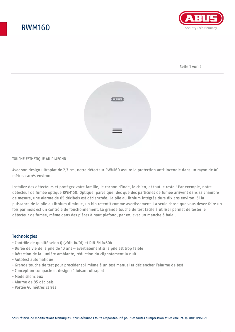 Page n°1 - Fiche technique Abus RWM160