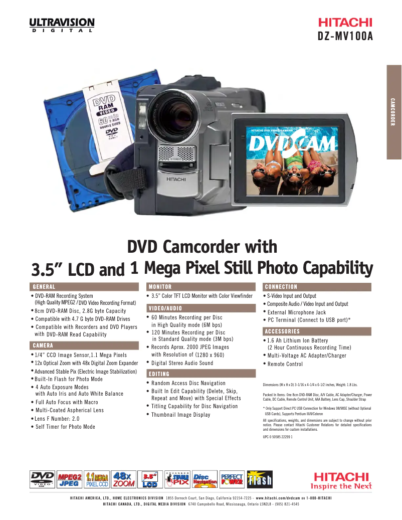 Page n°1 - Brochure Hitachi DZ-MV100E