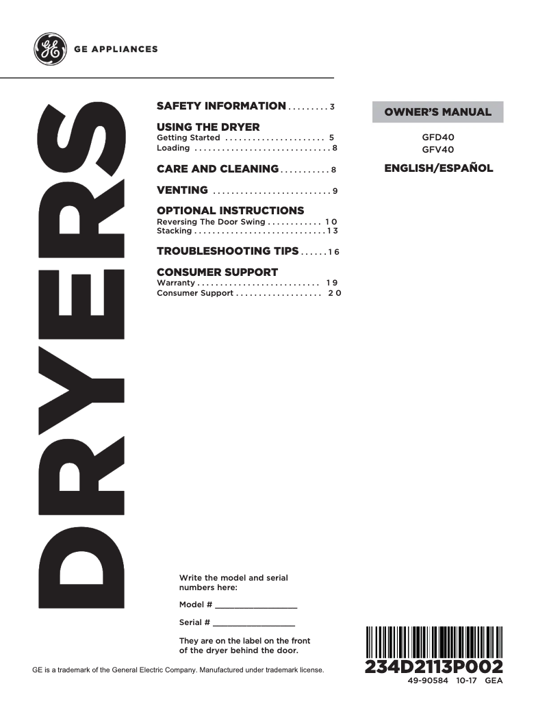 Page n°1 - Manuel d'utilisation et d'entretien GE GFD40ESCMWW