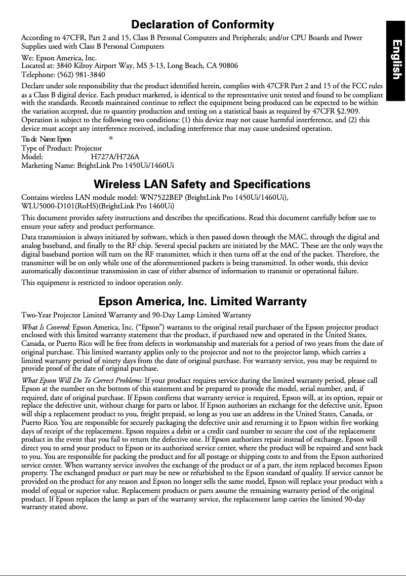 Imagen de la primera página del manual del dispositivo BrightLink Pro 1460Ui