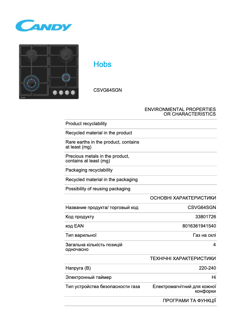 Page 1 de la notice Manuel utilisateur Candy CSVG64SGN