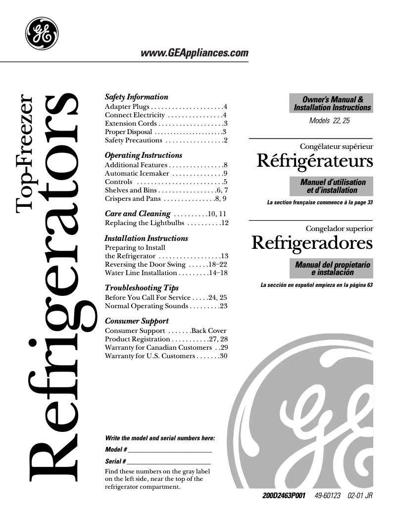 Page 1 de la notice Manuel utilisateur GE GTS22KBMWW