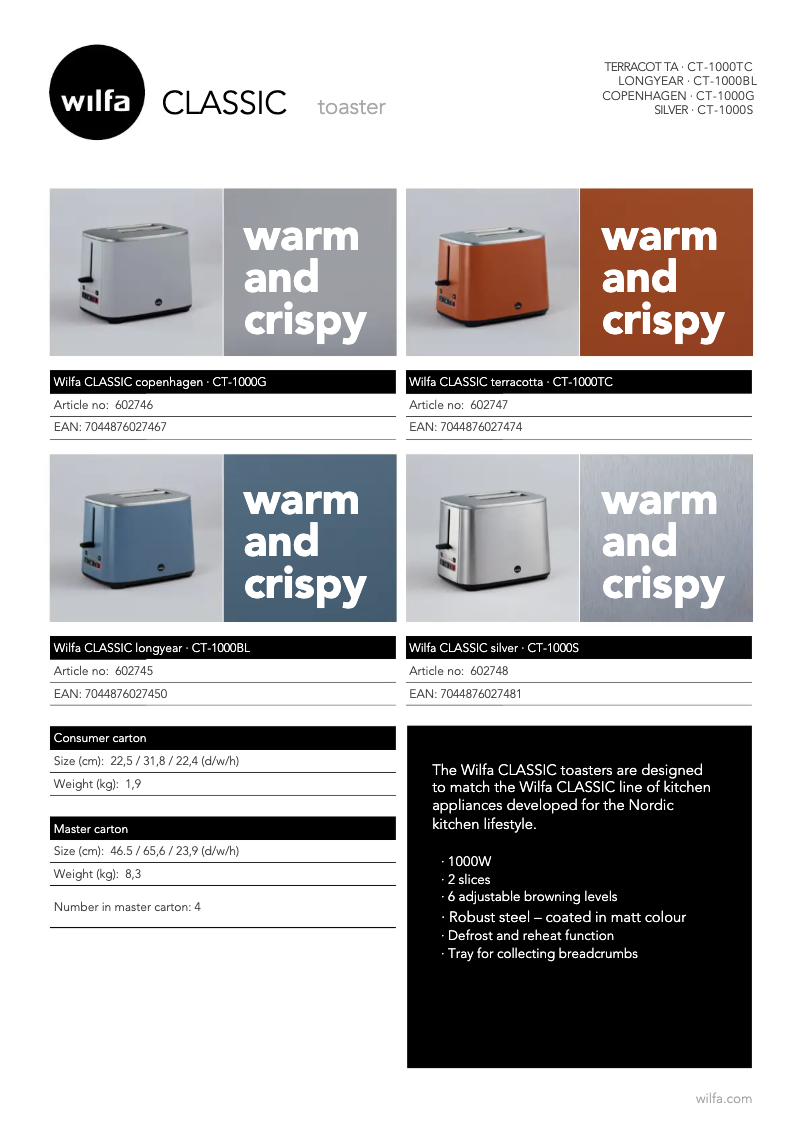 Page 1 de la notice Fiche technique Wilfa Classic CT-1000S
