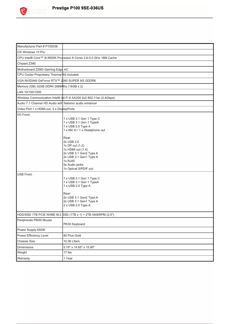 Page n°1 - Fiche technique MSI Prestige P100