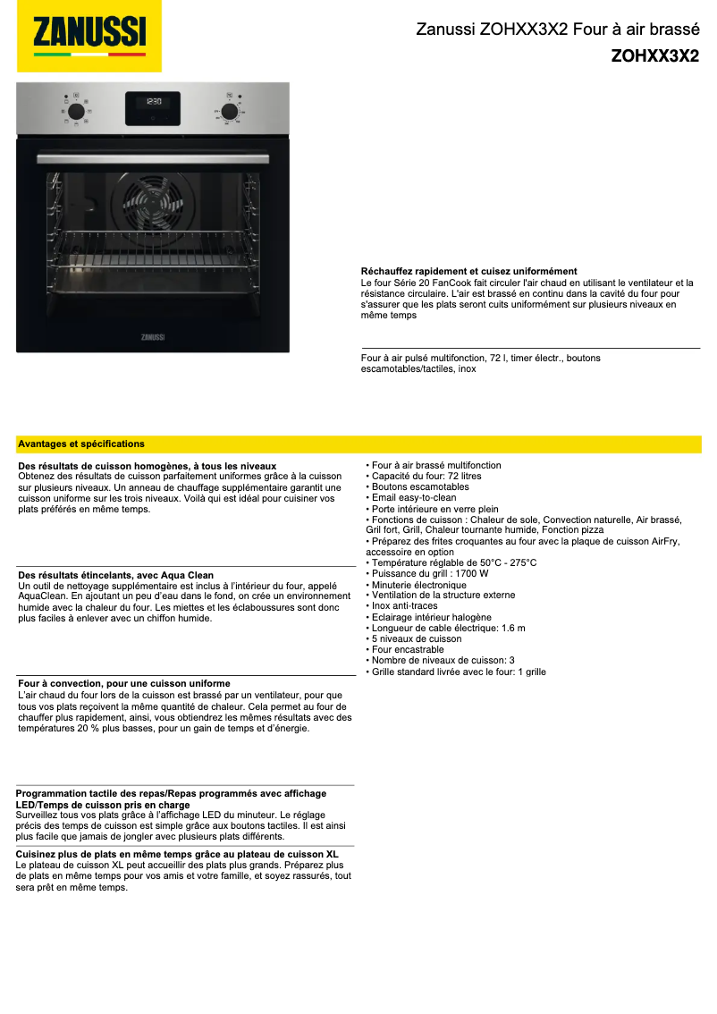 Page 1 de la notice Fiche technique Zanussi ZOHXX3X2