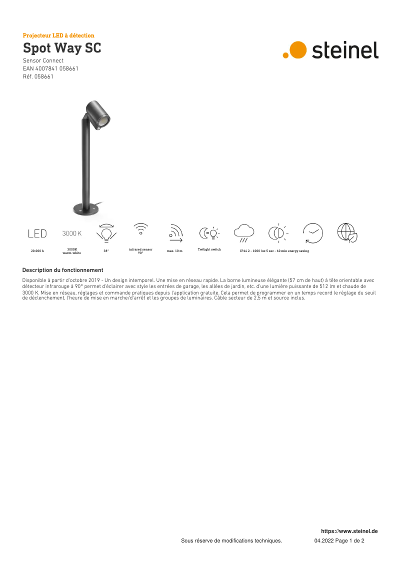 Page 1 de la notice Fiche technique Steinel Spot Way SC