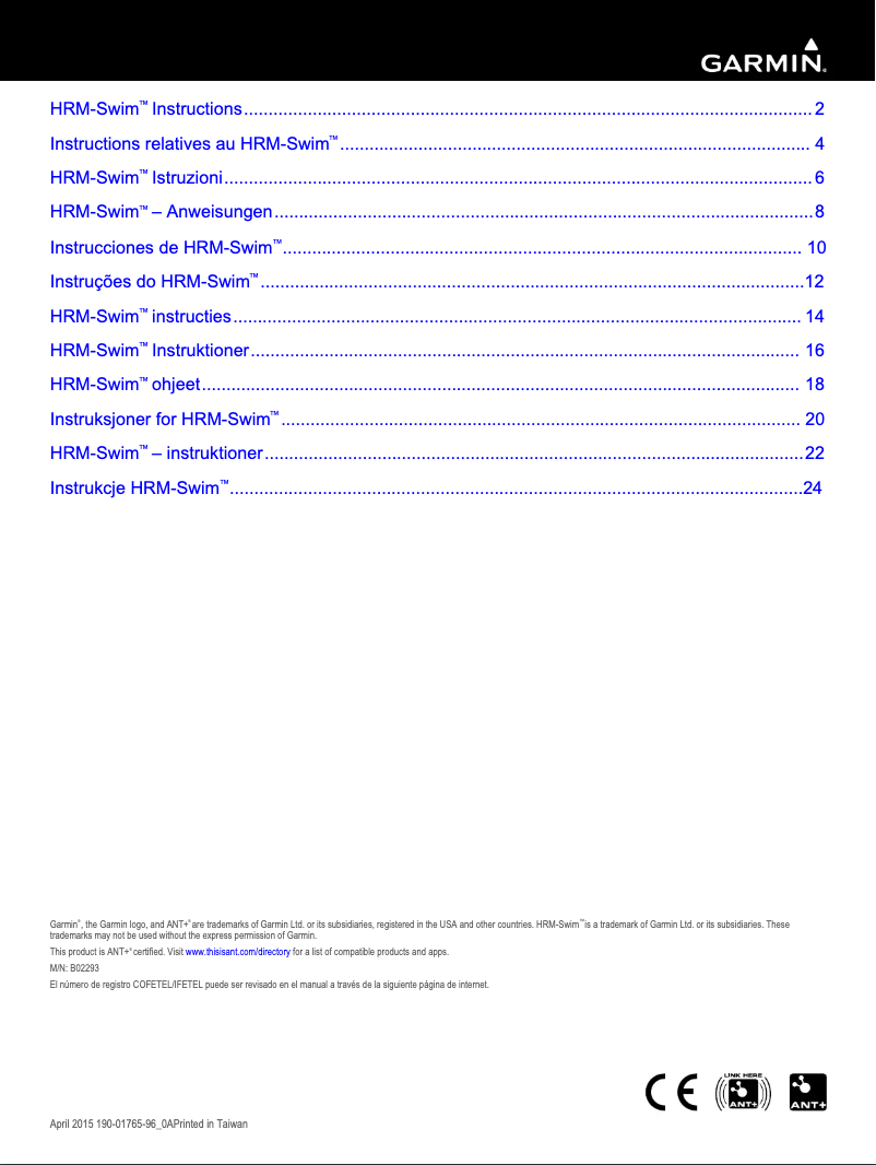 Page 1 de la notice Manuel utilisateur Garmin HRM-Swim