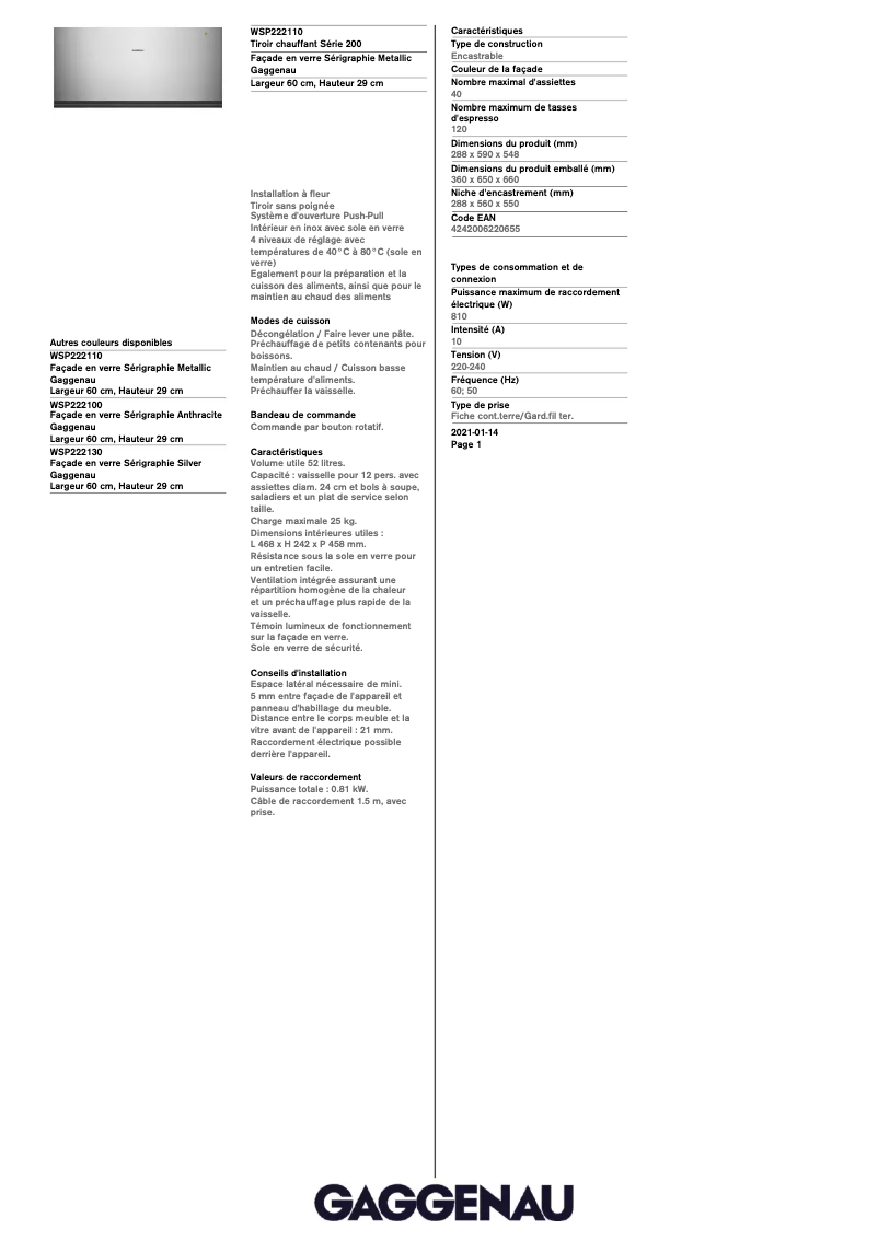 Page 1 de la notice Fiche technique Gaggenau WSP222110
