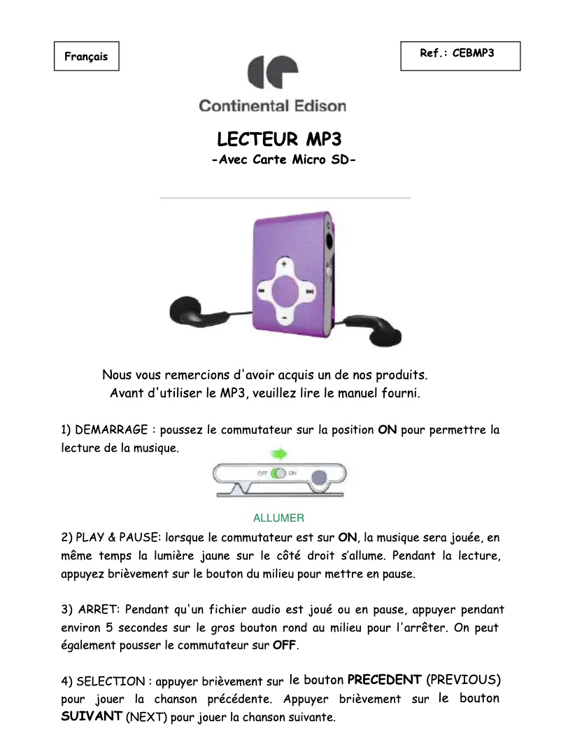 Page n°1 - Manuel utilisateur Continental Edison CEBMP3