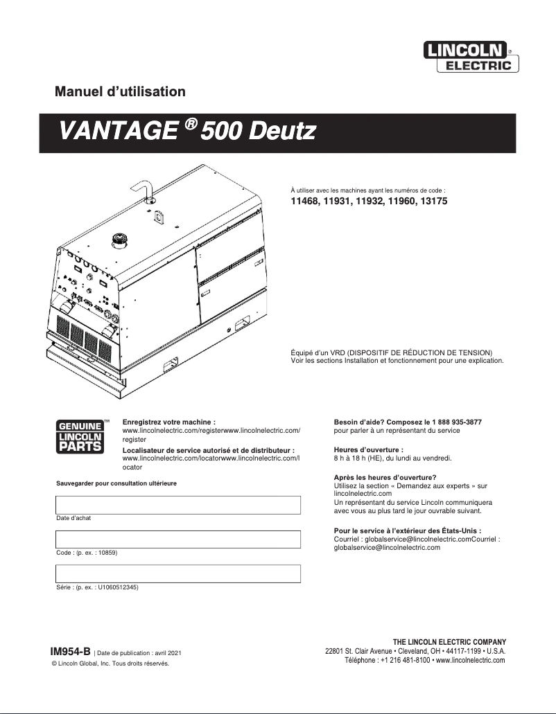 Image de la première page du manuel de l'appareil Vantage 500
