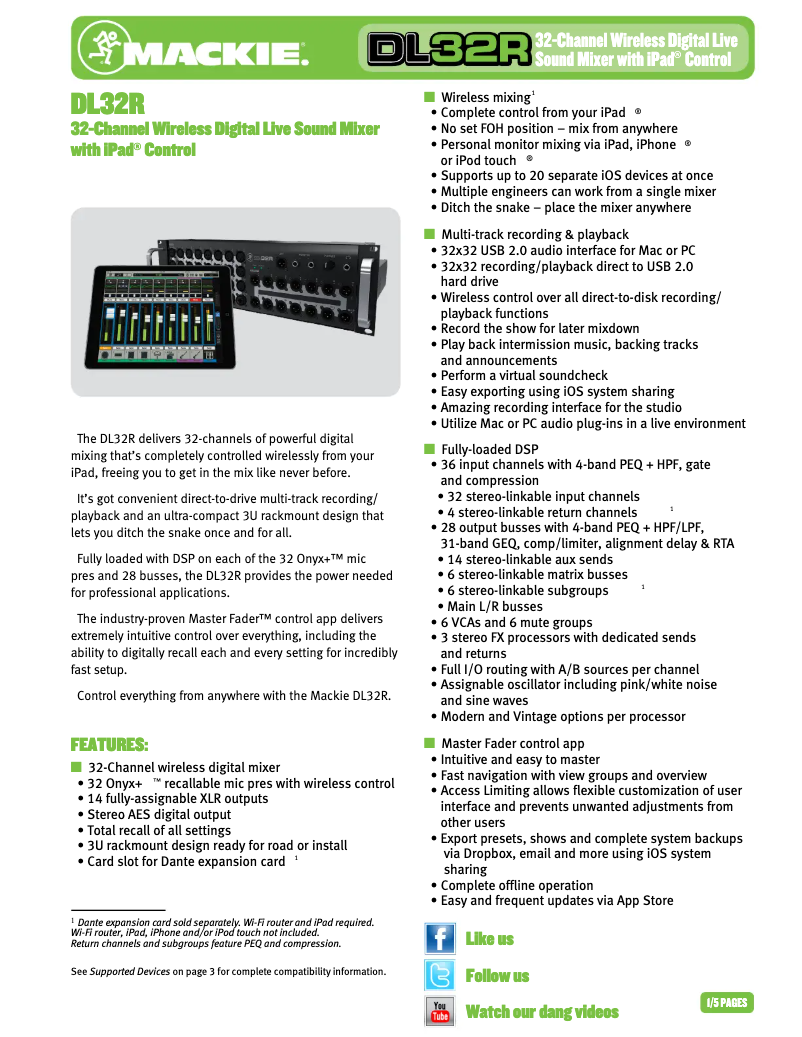 Page 1 de la notice Fiche technique Mackie DL32R