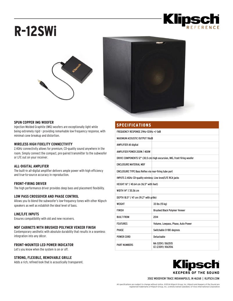 Page n°1 - Fiche technique Klipsch R-12SWI