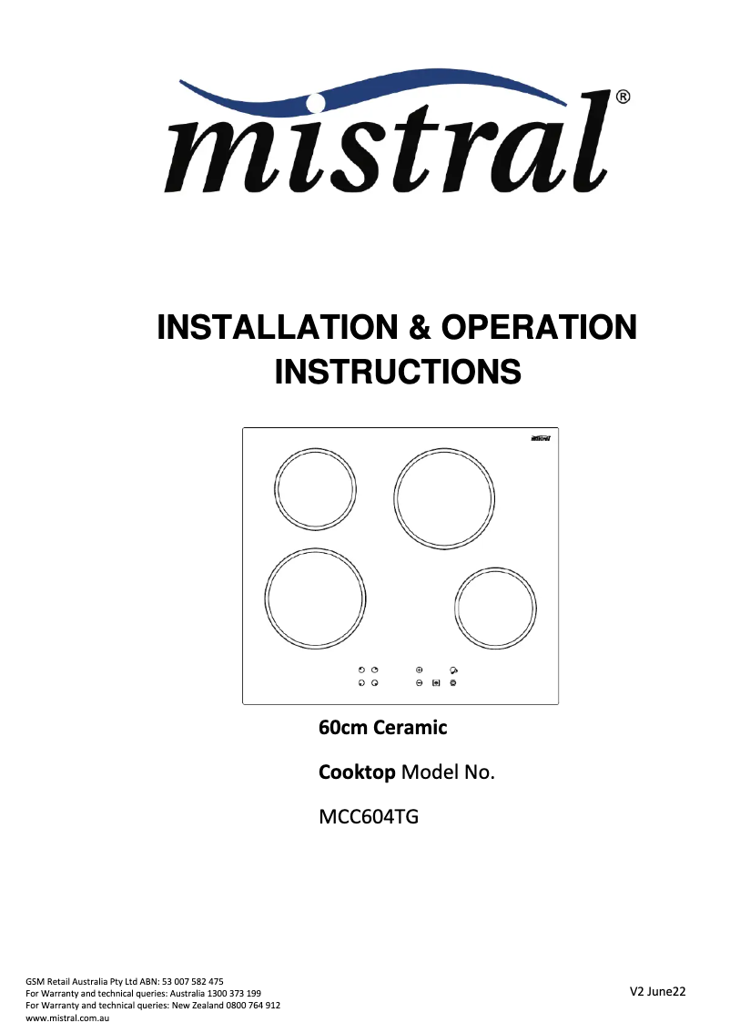 Page n°1 - Manuel utilisateur Mistral MCC604TG