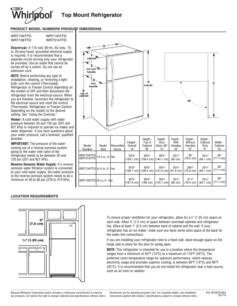 Page 1 de la notice Fiche technique Whirlpool WRT106TFD