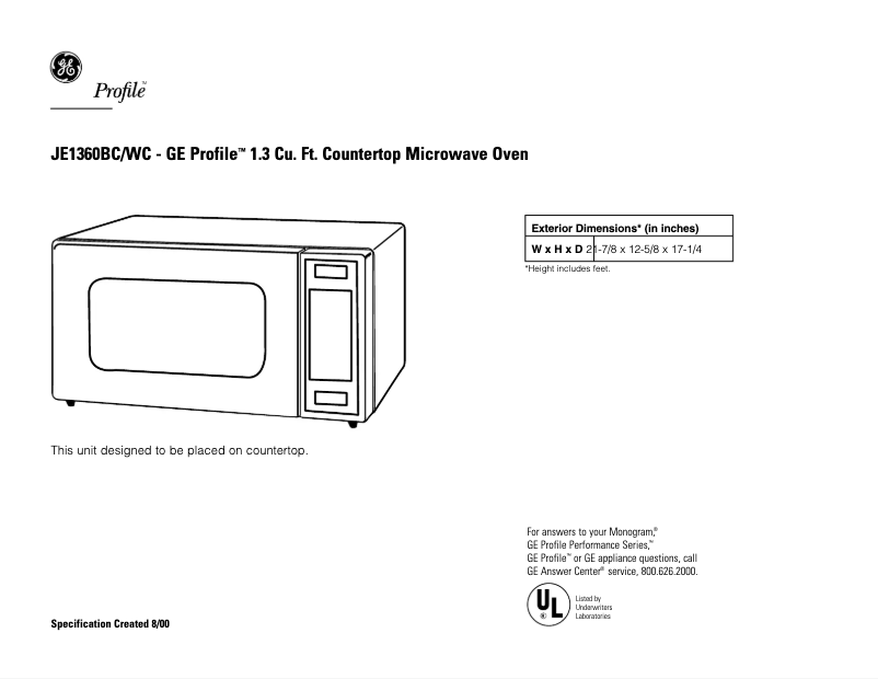 Página 1 del manual Ficha técnica GE Profile JE1360WC