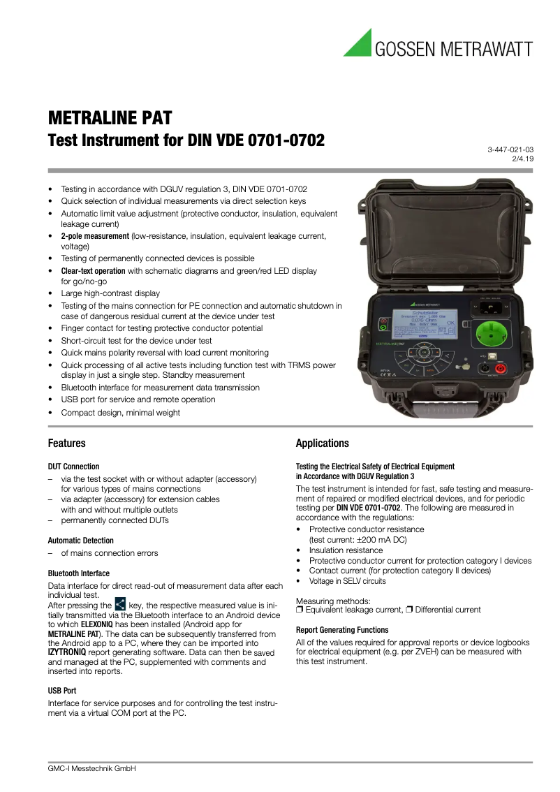 Page 1 de la notice Fiche technique Gossen Metrawatt METRALINE PAT