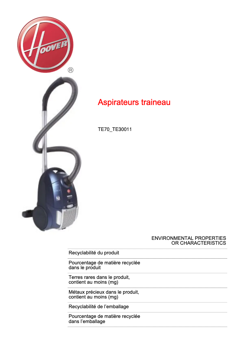 Page 1 de la notice Fiche technique Hoover TE70_TE30011