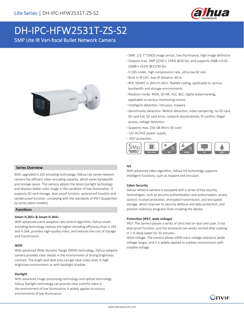 Page 1 de la notice Fiche technique Dahua Technology IPC-HFW2531T-ZS-S2