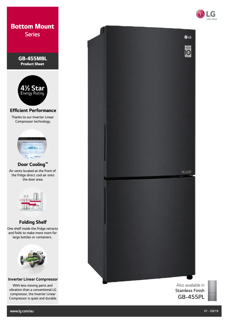 Página 1 del manual Ficha técnica LG GB-455MBL