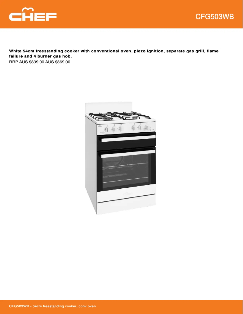 Page 1 de la notice Fiche technique Chef CFG503WB