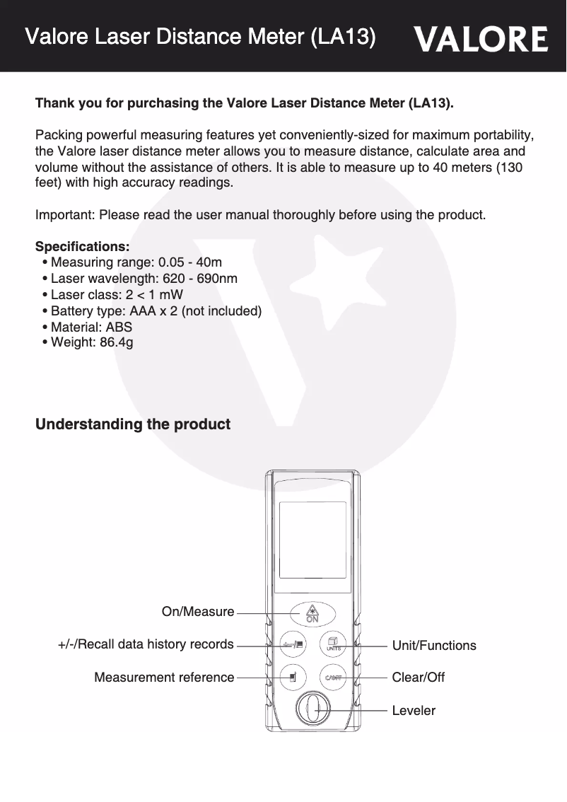 Page 1 de la notice Manuel utilisateur Valore LA13