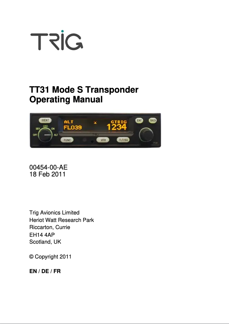 Image de la première page du manuel de l'appareil TT31 Mode S Transponder