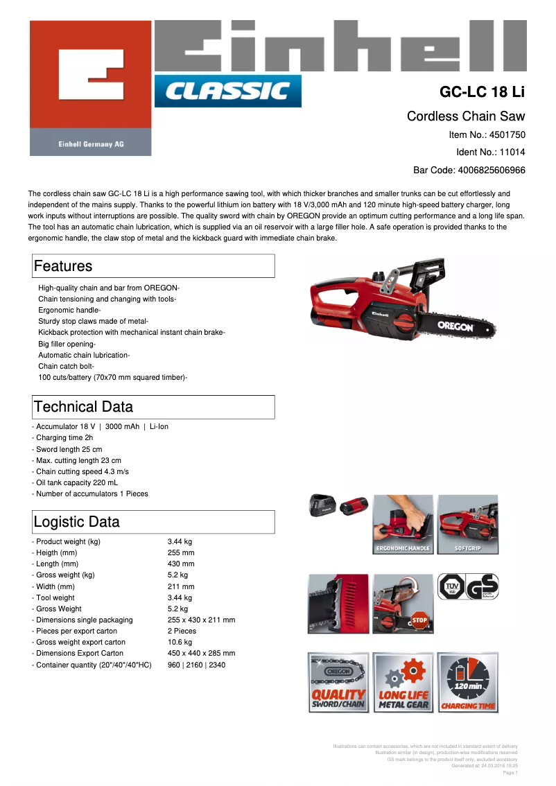 Page 1 de la notice Fiche technique Einhell GC-LC 18 LI