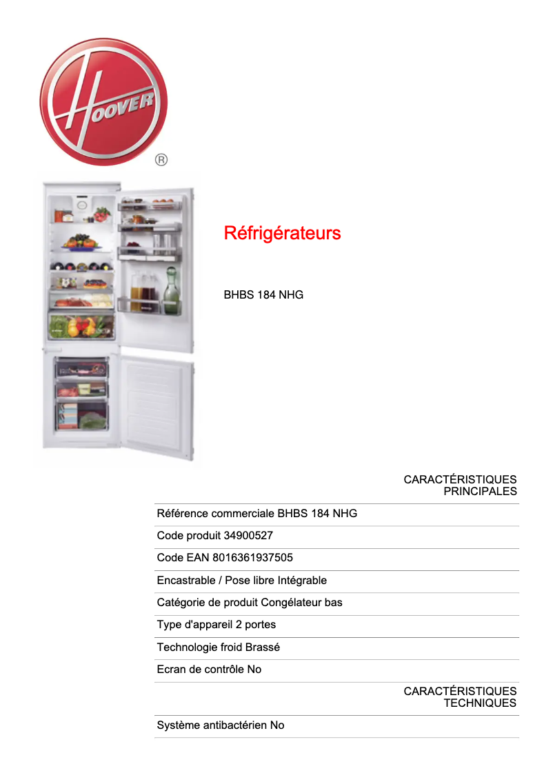Page n°1 - Fiche technique Hoover H-FRIDGE 500 BHBS 184 NHG