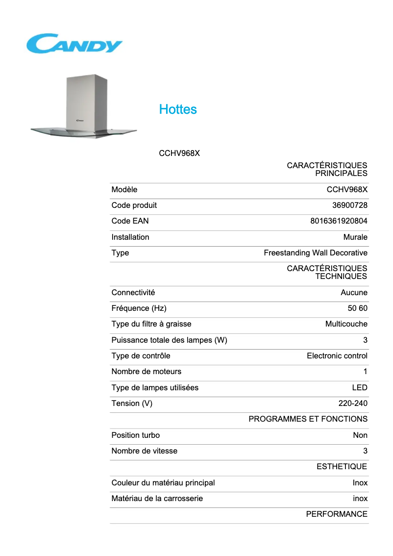 Page 1 de la notice Fiche technique Candy CCHV968X