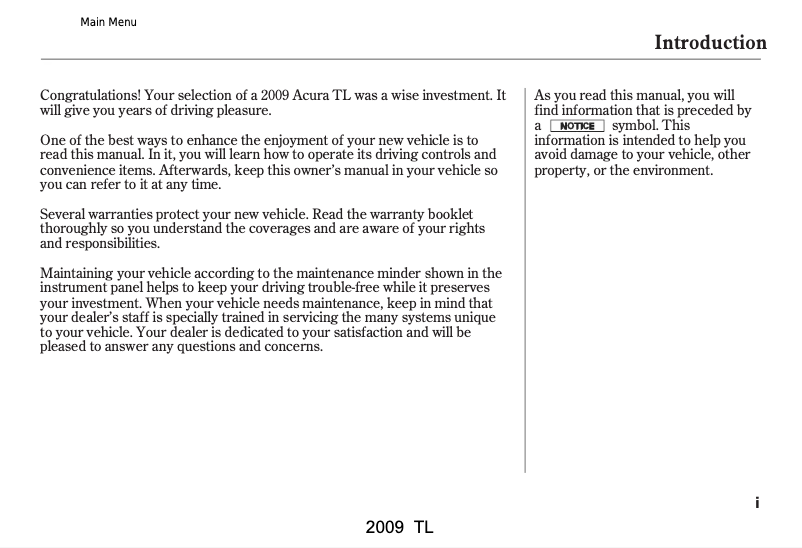 Page 1 de la notice Manuel utilisateur Acura TL (2009)