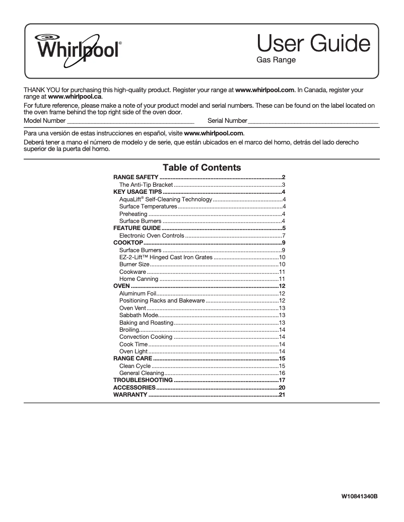 Page 1 de la notice Manuel d'utilisation et d'entretien Whirlpool WEG515S0FS
