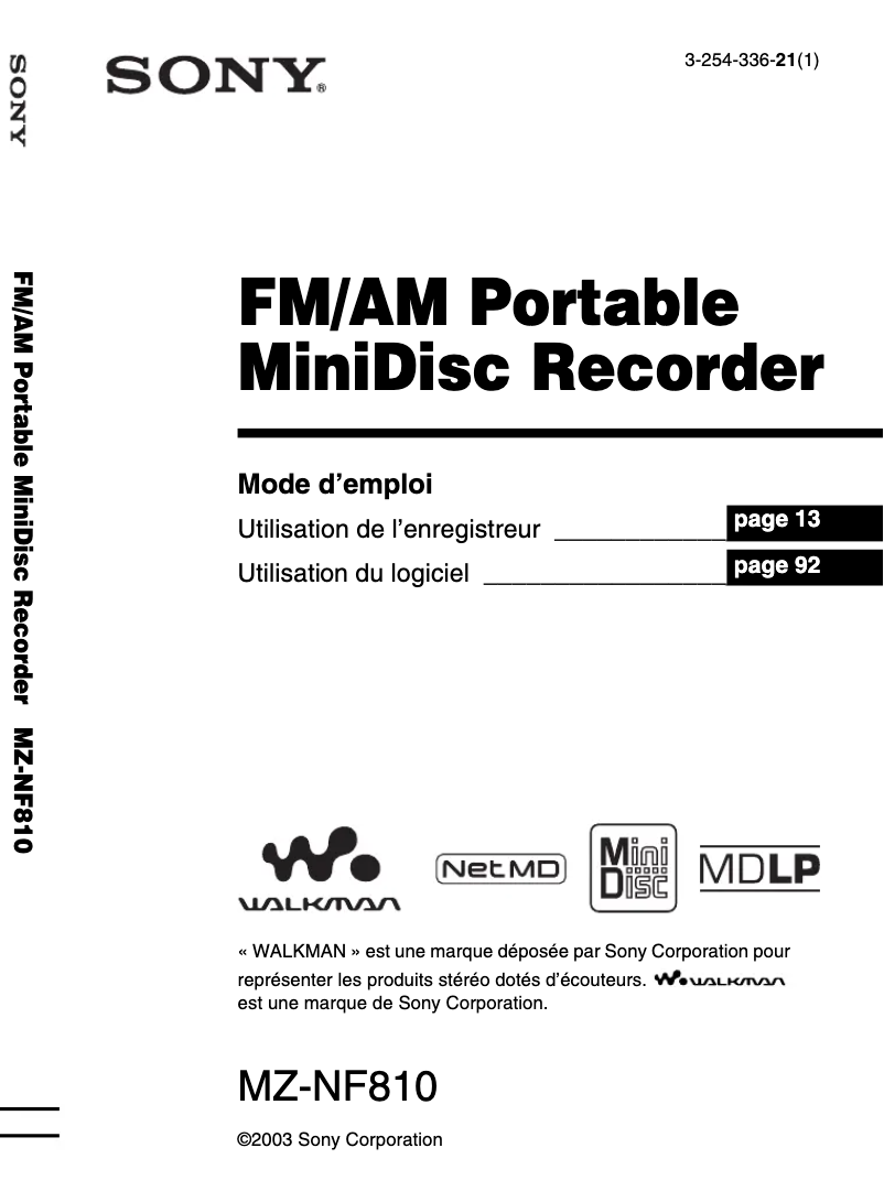 Page 1 de la notice Manuel utilisateur Sony MZ-NF810