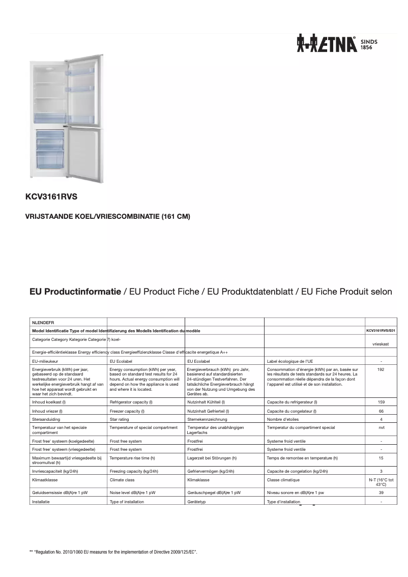 Page 1 de la notice Fiche technique Etna KCV3161RVS