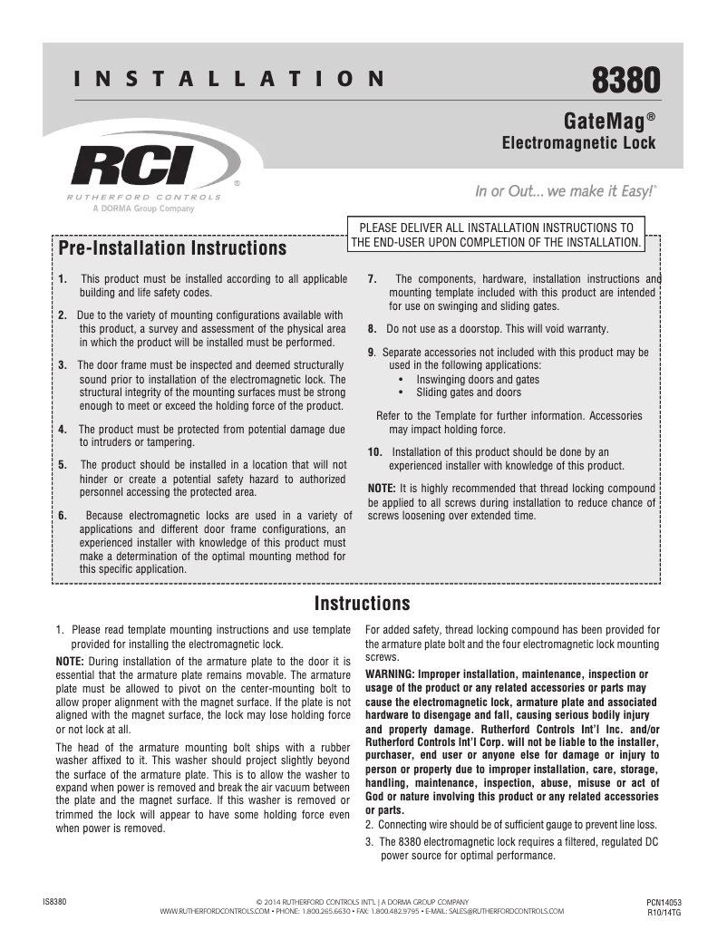 Image de la première page du manuel de l'appareil RCI 8380