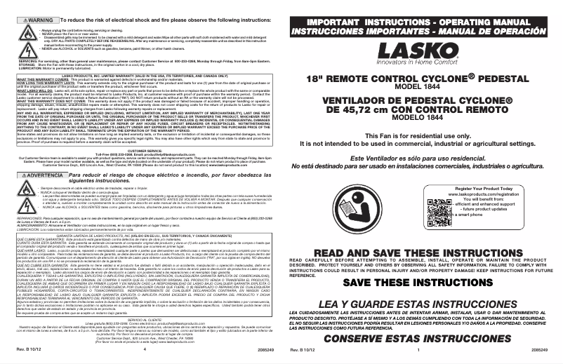 Page 1 de la notice Manuel utilisateur Lasko Cyclone 1844