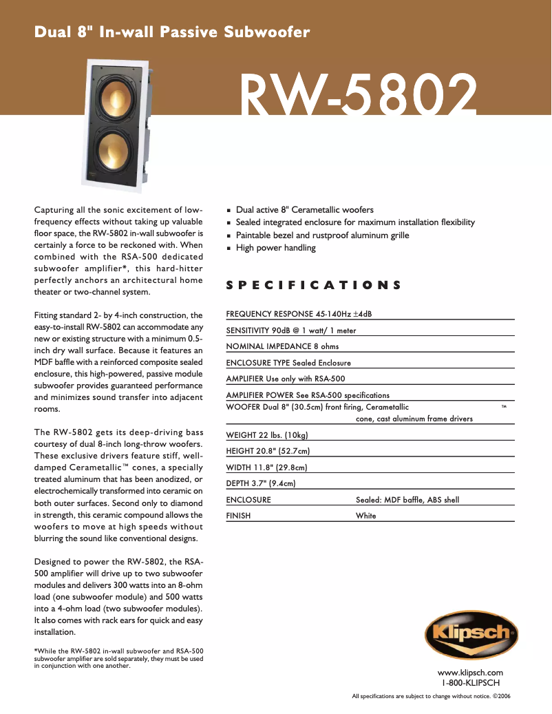Page 1 de la notice Fiche technique Klipsch Reference RW-5802