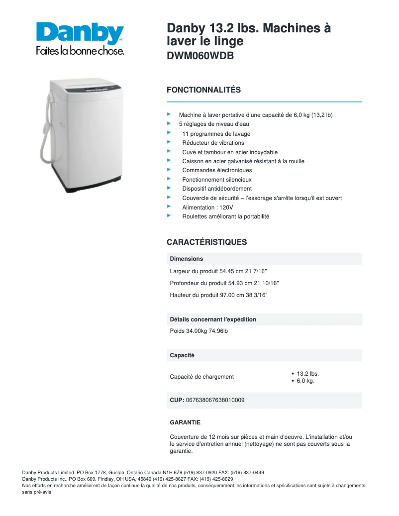 Page n°1 - Fiche technique Danby DWM060WDB